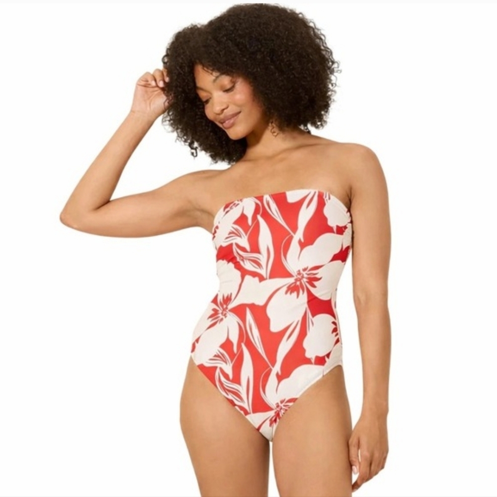 Shade & Shore Floral Bandeau High Leg Cheeky One Piece Red/Cream Swimsuit Size S